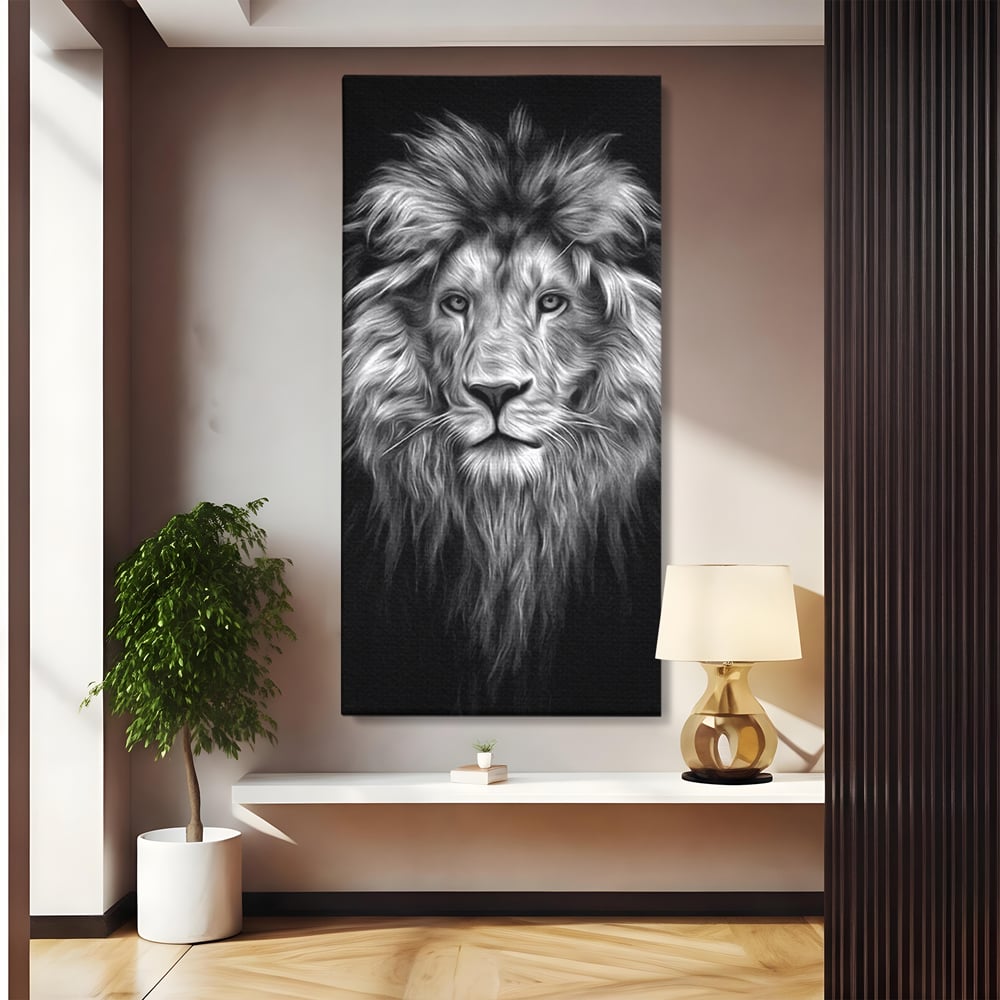 Tablou canvas cu tablou canvas cu leu alb negru, fara rama, pe sasiu de lemn